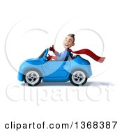 Clipart Of A 3d Young Brunette White Male Super Hero In A Blue And Red Suit Driving A Convertible Car On A White Background Royalty Free Illustration