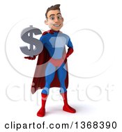 Clipart Of A 3d Young Brunette White Male Super Hero In A Blue And Red Suit Holding A Dollar Symbol On A White Background Royalty Free Illustration
