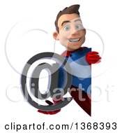 Clipart Of A 3d Young Brunette White Male Super Hero In A Blue And Red Suit Holding An Email Arobase At Symbol On A White Background Royalty Free Illustration by Julos