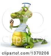 Clipart Of A 3d Sailor Crocodile Holding A Waffle Ice Cream Cone On A White Background Royalty Free Illustration
