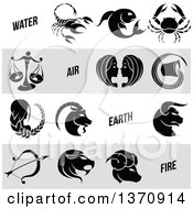 Clipart Of Black And White Horoscope Zodiac Astrology Icons On White And Gray Panels Royalty Free Vector Illustration