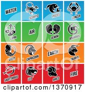 Poster, Art Print Of Black And White Horoscope Zodiac Astrology Icons On Colorful Tiles
