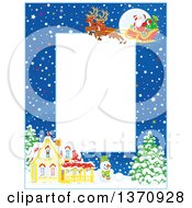 Clipart Of A Vertical Christmas Frame Border Of A Full Moon Snow And Santa With His Magic Reindeer And Sleigh Flying Over A House Royalty Free Vector Illustration