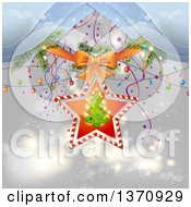 Poster, Art Print Of Christmas Tree In A Star Frame With A Bow Branches And Lights Over Gray