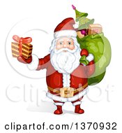 Poster, Art Print Of Christmas Santa Claus Carrying A Sack And Holding Up A Gift