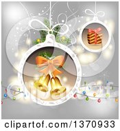 Poster, Art Print Of Gift And Bells In Christmas Bauble Frames Over Gray With Lights