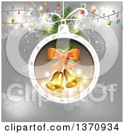 Poster, Art Print Of Bells In A Christmas Bauble Frame Over Gray With Lights