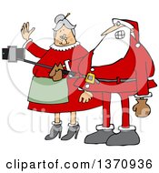 Poster, Art Print Of Cartoon Santa And Mrs Claus Taking A Selfie With A Stick And Smart Phone