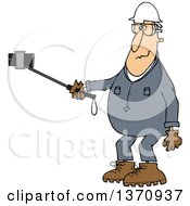 Poster, Art Print Of Cartoon White Male Worker In Coveralls Taking A Selfie With A Phone On A Stick