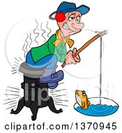 Poster, Art Print Of Cartoon Caucasian Man Sitting On A Wood Stove And Ice Fishing