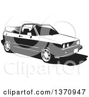 Clipart Of A Black And White Woodcut VW Rabbit Convertible Car Royalty Free Vector Illustration by David Rey #COLLC1370947-0052