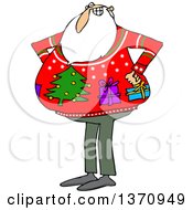Poster, Art Print Of Cartoon Santa Claus Wearing An Ugly Christmas Sweater With Gifts And A Tree