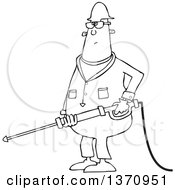 Clipart Of A Cartoon Black And White Chubby Male Worker Pressure Washing Royalty Free Vector Illustration