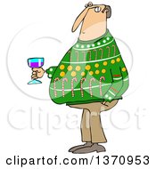 Poster, Art Print Of Cartoon Chubby White Man Wearing An Ugly Christmas Sweater And Holding A Glass Of Wine At A Party
