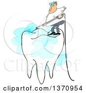 Cartoon White Man Pressure Washing The Top Of A Tooth On A White Background