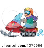 Poster, Art Print Of Cartoon Happy White Man Driving A Snowmobile