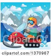 Cartoon Happy White Man Driving A Snowmobile In A Winter Landscape