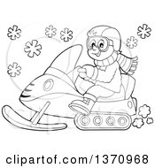 Cartoon Black And White Happy Man Driving A Snowmobile
