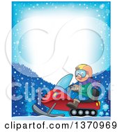 Poster, Art Print Of Border Of A Cartoon Happy White Man Driving A Snowmobile
