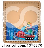 Poster, Art Print Of Parchment Border Of A Cartoon Happy White Man Driving A Snowmobile