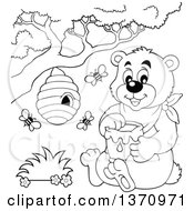 Cartoon Black And White Bear Sitting And Holding A Honey Jar Under A Hive