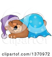Poster, Art Print Of Cartoon Cute Brown Bear Sleeping With A Blanket And Night Cap