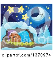 Poster, Art Print Of Cartoon Cute Brown Bear Sleeping With A Blanket And Night Cap In A Cave At Night