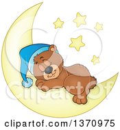Poster, Art Print Of Cartoon Cute Brown Bear Sleeping On A Crescent Moon Under Stars
