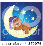 Poster, Art Print Of Cartoon Cute Brown Bear Sleeping On A Crescent Moon Over Blue Rays