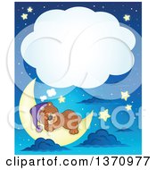 Poster, Art Print Of Cartoon Cute Brown Bear Sleeping On A Crescent Moon With A Thought Balloon Against A Blue Night Sky