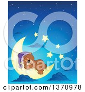 Poster, Art Print Of Cartoon Cute Brown Bear Sleeping On A Crescent Moon Against A Blue Night Sky