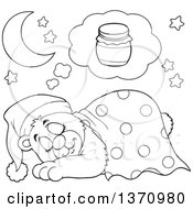 Poster, Art Print Of Cartoon Black And White Cute Bear Sleeping With A Blanket And Night Cap Dreaming Of Honey