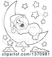 Poster, Art Print Of Cartoon Black And White Cute Bear Sleeping On A Crescent Moon Under Stars