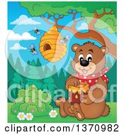 Cartoon Brown Bear Sitting And Holding A Honey Jar Under A Hive