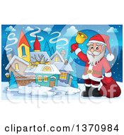 Poster, Art Print Of Christmas St Nicholas Santa Claus Ringing A Bell By A Village