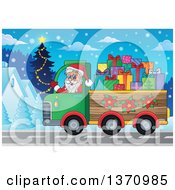 Poster, Art Print Of Christmas St Nicholas Santa Claus Waving And Driving A Truck Full Of Gifts Through A Village