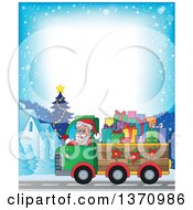 Poster, Art Print Of Border Of Christmas St Nicholas Santa Claus Waving And Driving A Truck Full Of Gifts