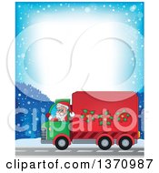 Poster, Art Print Of Border Of A Christmas St Nicholas Santa Claus Waving And Driving A Big Rig Truck