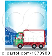 Snowy Road Border Of A Christmas St Nicholas Santa Claus Waving And Driving A Big Rig Truck With A Blank Side