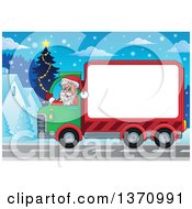 Poster, Art Print Of Christmas St Nicholas Santa Claus Waving And Driving A Big Rig Truck With A Blank Side Through A Village At Night