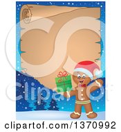 Poster, Art Print Of Parchment Border Of A Happy Gingerbread Man Cookie Waving And Holding A Christmas Gift