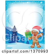 Poster, Art Print Of Border Of A Happy Gingerbread Man Cookie Waving And Holding A Christmas Gift