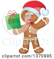 Happy Gingerbread Man Cookie Waving And Holding A Christmas Gift