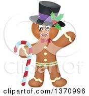 Happy Gingerbread Man Cookie Waving Wearing A Hat And Holding A Candy Cane