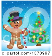 Poster, Art Print Of Happy Gingerbread Man Cookie Waving Wearing A Hat And Holding A Candy Cane By A Christmas Tree