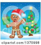 Poster, Art Print Of Happy Gingerbread Man Cookie Waving And Holding A Christmas Gift By A Tree