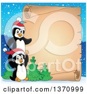 Clipart Of Cute Penguins Playing By A Giant Parchment Scroll In The Snow Royalty Free Vector Illustration