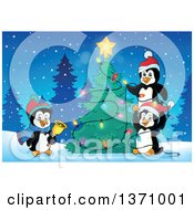 Poster, Art Print Of Cute Penguins Putting Lights On A Christmas Tree On A Winter Night