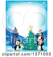 Poster, Art Print Of Border Of Cute Penguins Putting Lights On A Christmas Tree On A Winter Night