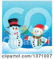 Poster, Art Print Of Christmas Snowman Couple Exchanging Gifts